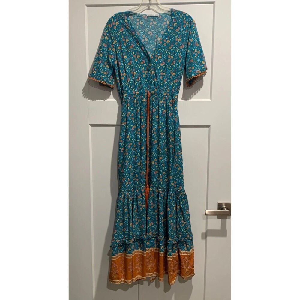 R.Vivimos Floral Boho Teal & Orange Maxi Prairie Dress with Tassel Tie Size Med